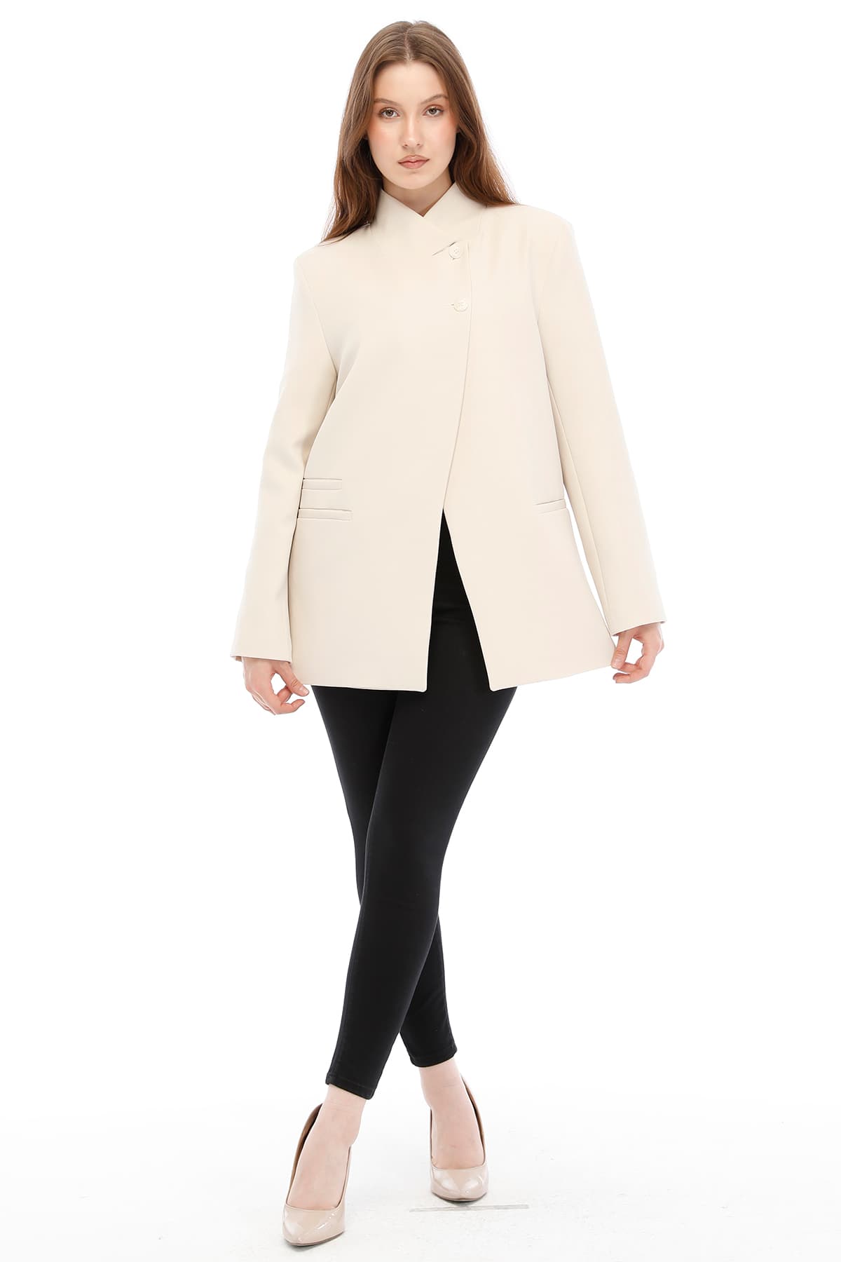 Temiz Kesim Asimetrik Blazer — Bej — görsel 1
