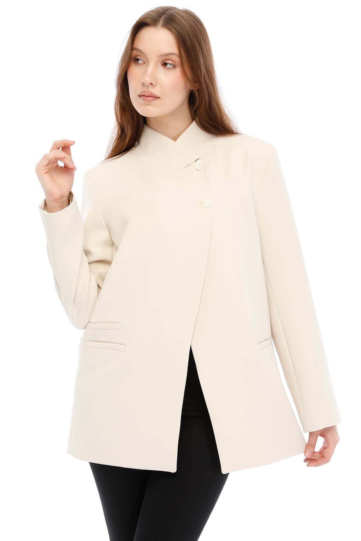 Temiz Kesim Asimetrik Blazer — Bej — görsel 3