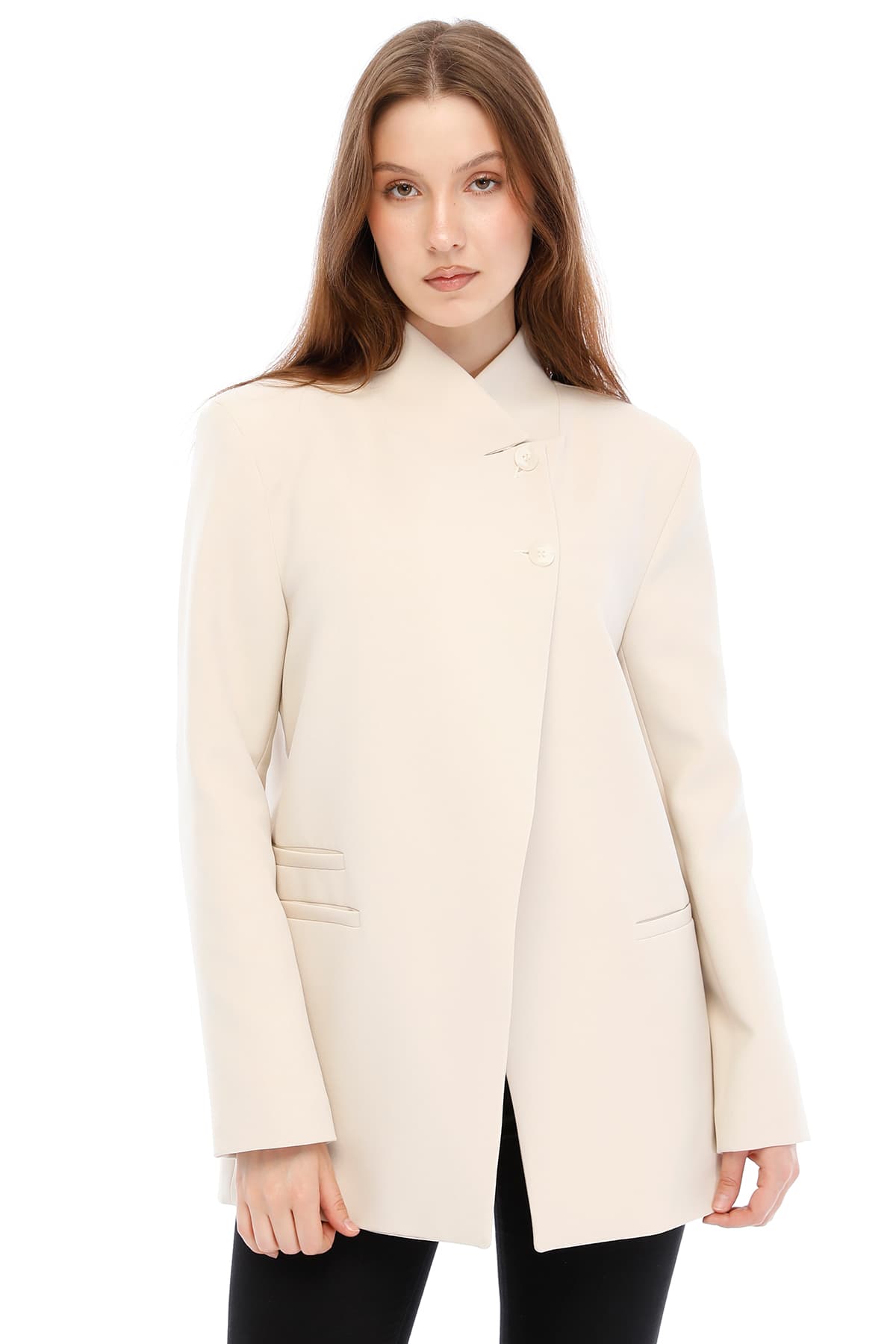 Temiz Kesim Asimetrik Blazer — Bej — görsel 2