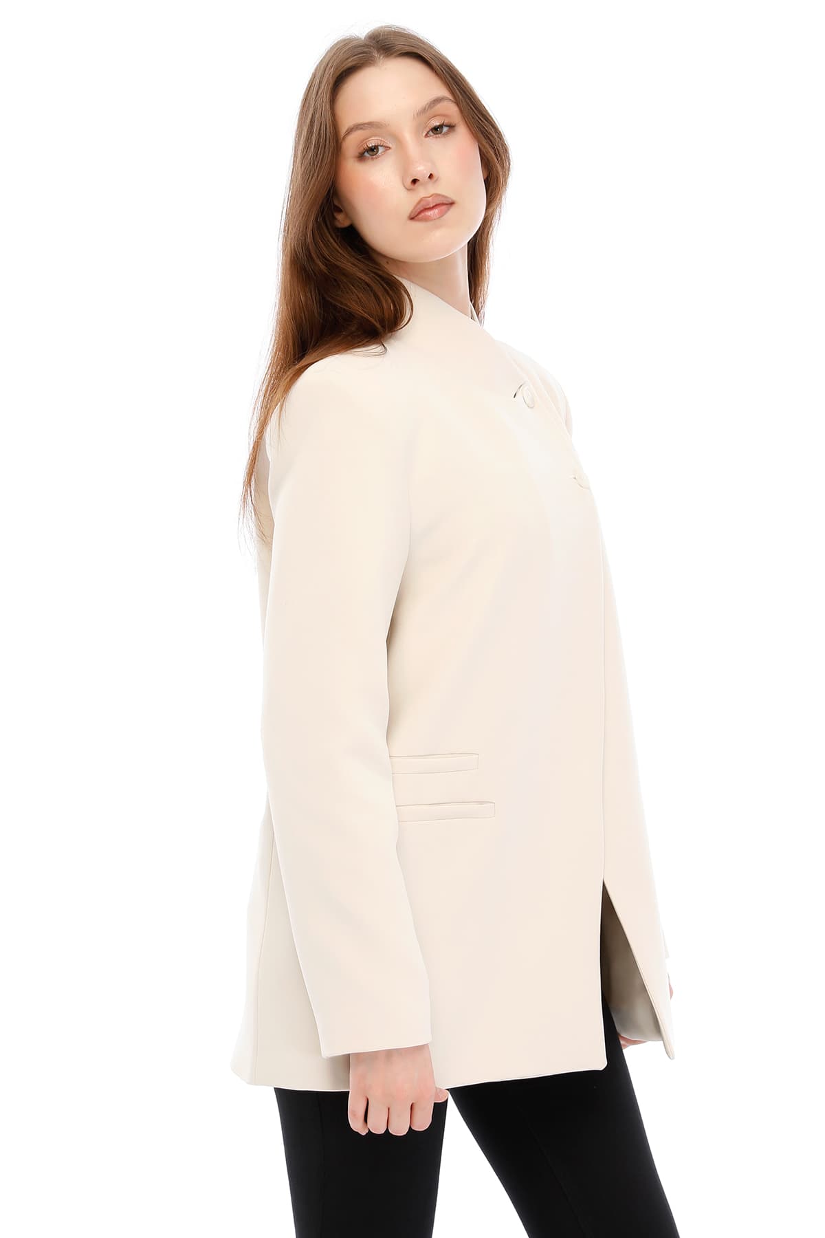 Temiz Kesim Asimetrik Blazer — Bej — görsel 6