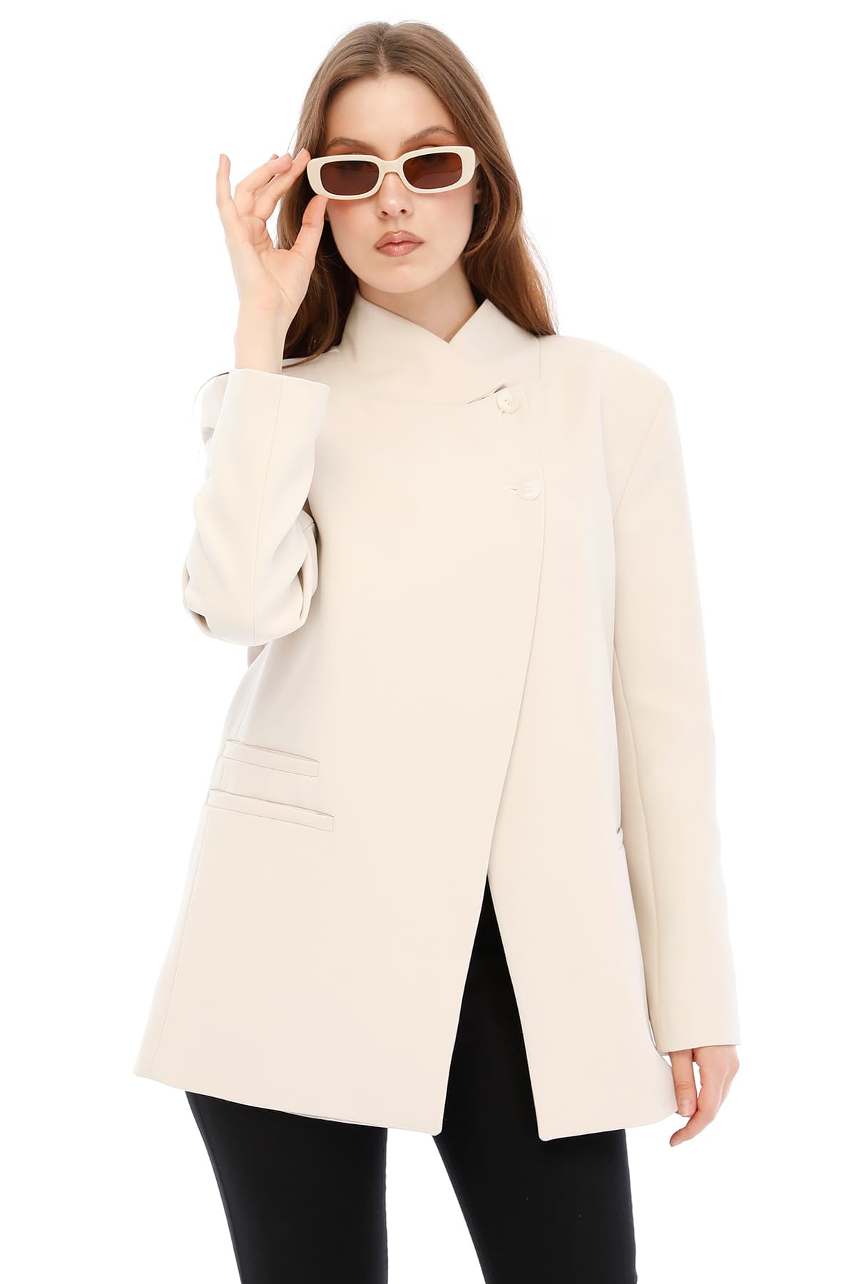 Temiz Kesim Asimetrik Blazer — Bej — görsel 4