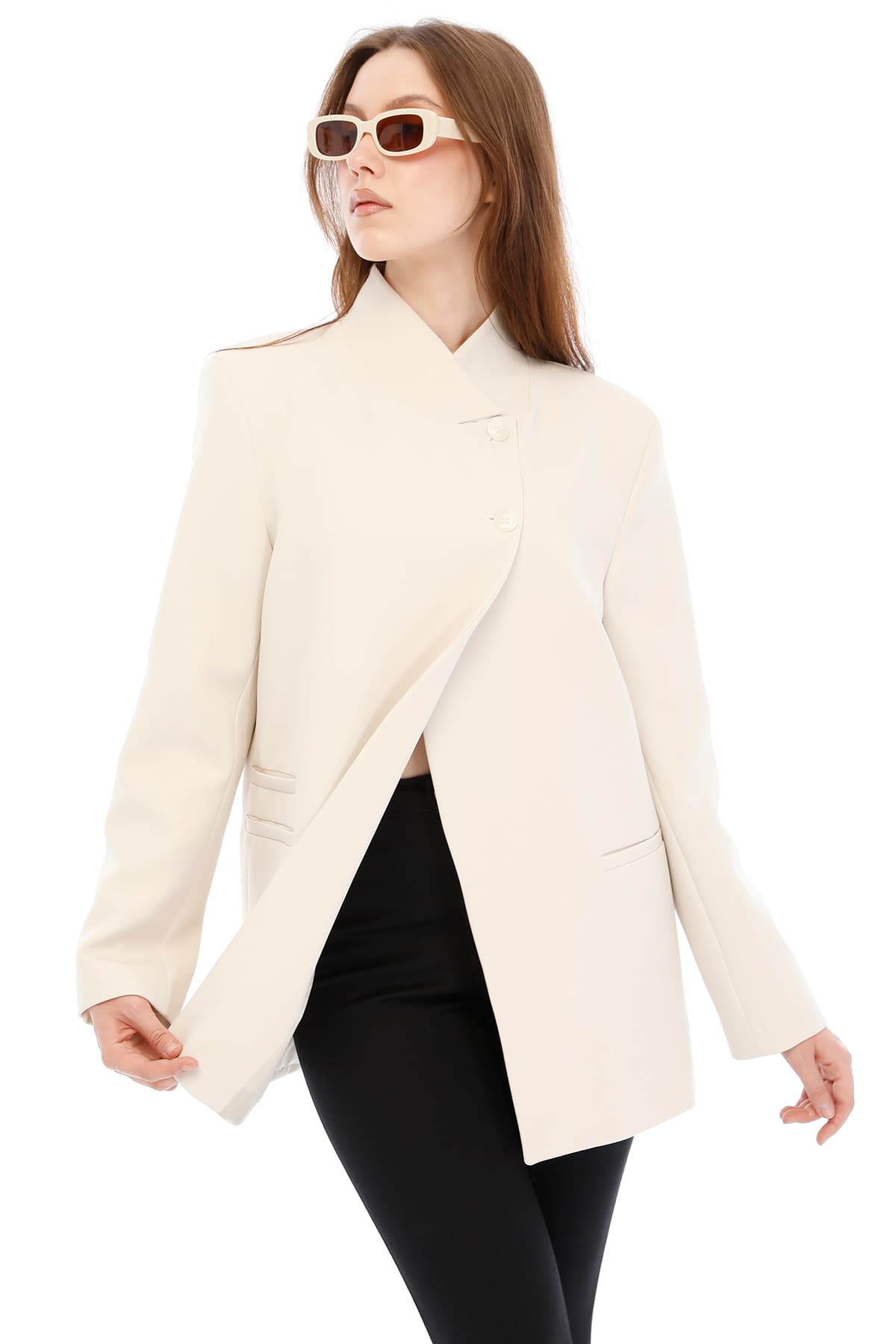 Temiz Kesim Asimetrik Blazer — Bej — görsel 5